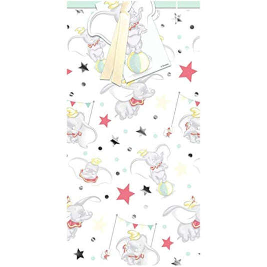 Disney Dumbo gift wrapping paper with colorful Dumbo and star designs, featuring matching gift tags, by Hallmark.