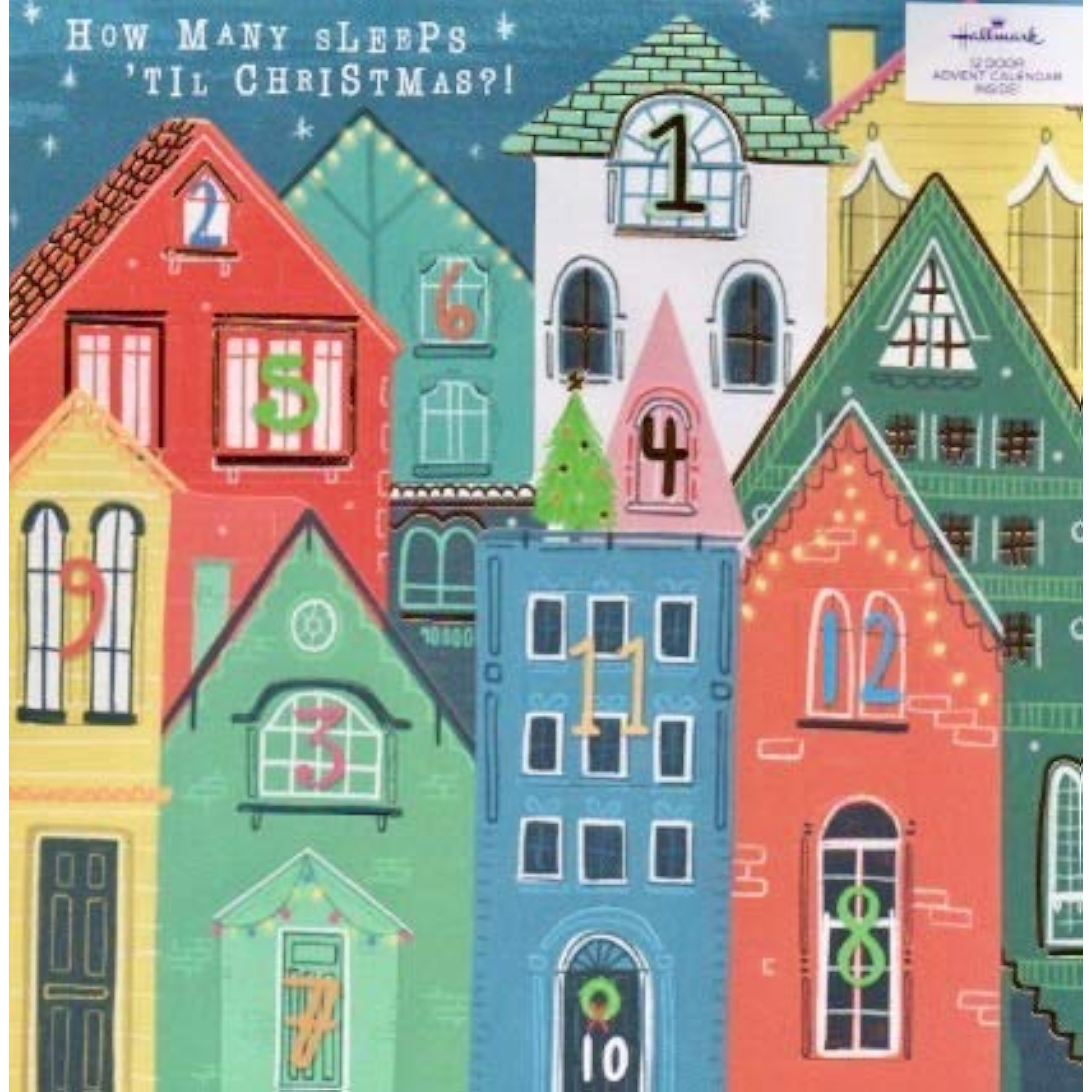 Hallmark 12-door Christmas advent calendar greeting card with festive holiday imagery and numbered doors for holiday countdown.