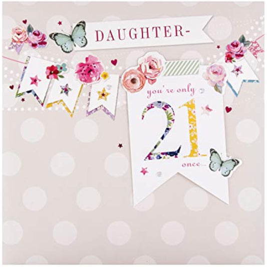 Hallmark 21st Daughter greeting card with elegant bunting birthday design and heartfelt message inside.