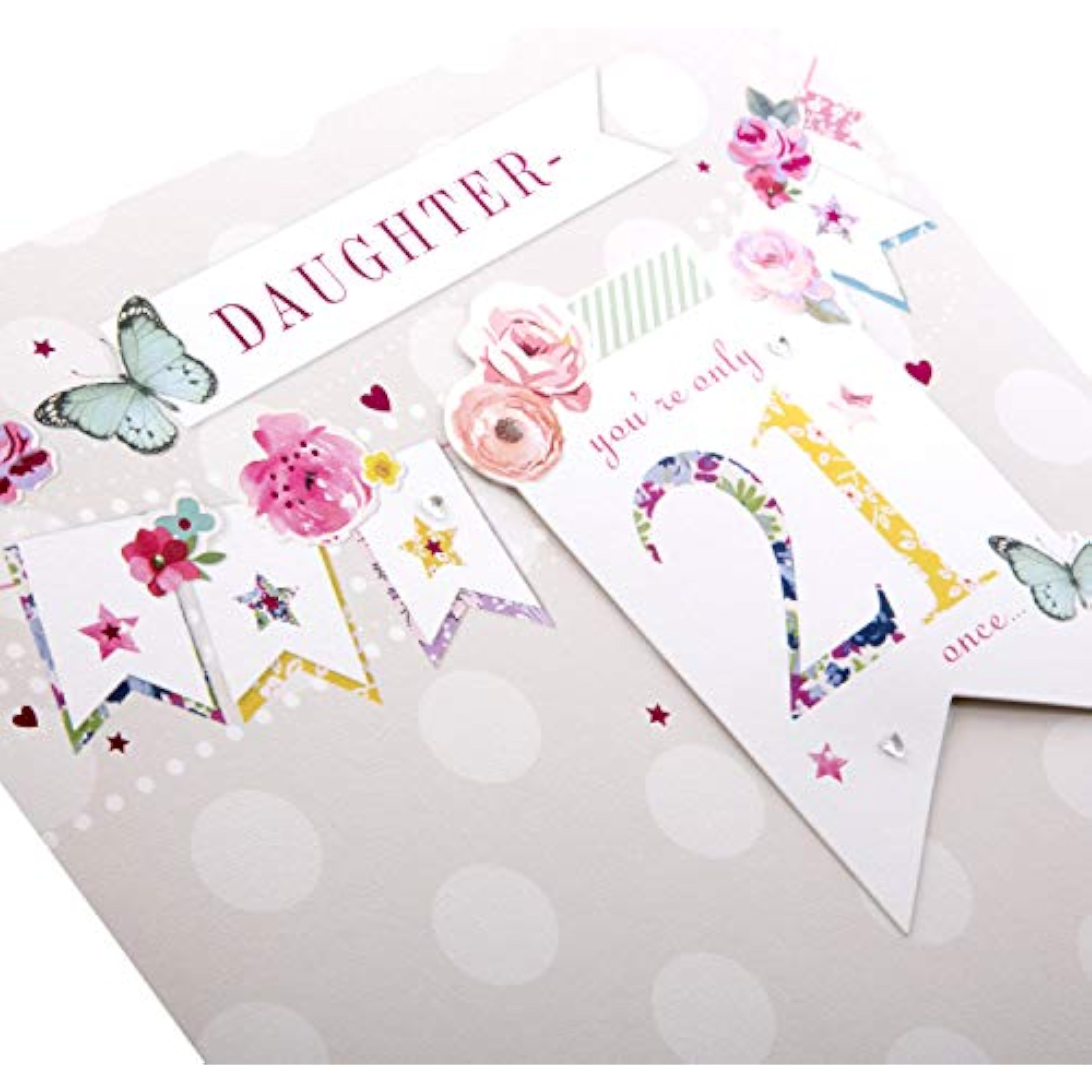 Hallmark 21st Daughter birthday greeting card with elegant bunting design and festive decorations.