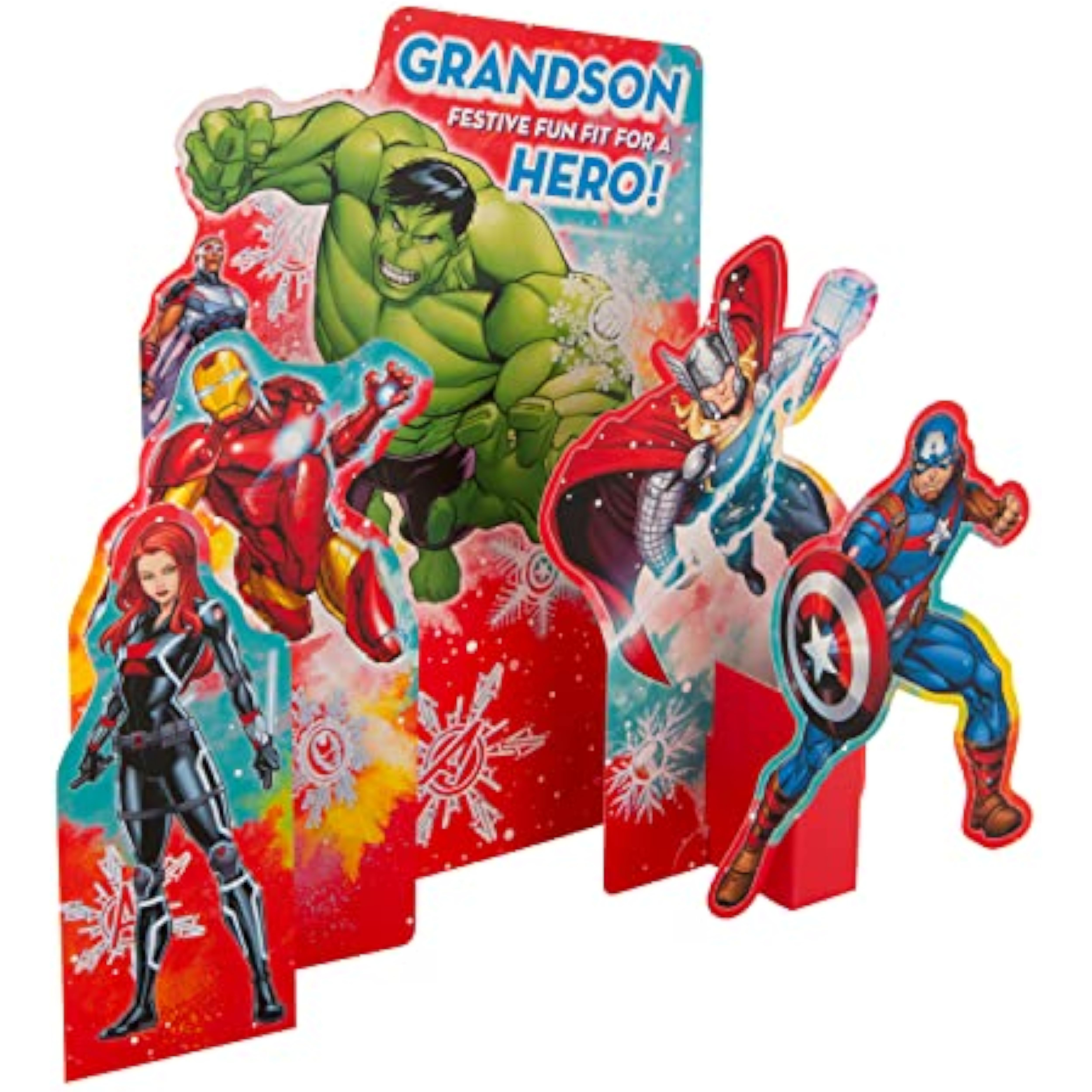 Hallmark 3D Avengers Grandson Christmas Card featuring epic hero characters in a festive holiday scene.