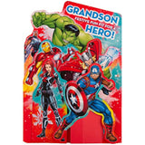Hallmark 3D Avengers Grandson Christmas greeting card featuring epic hero characters in a festive scene.