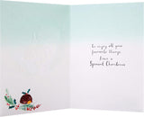 Hallmark 3D festive greeting card featuring illustrated Mum and Dad for Christmas, with colorful holiday-themed design.