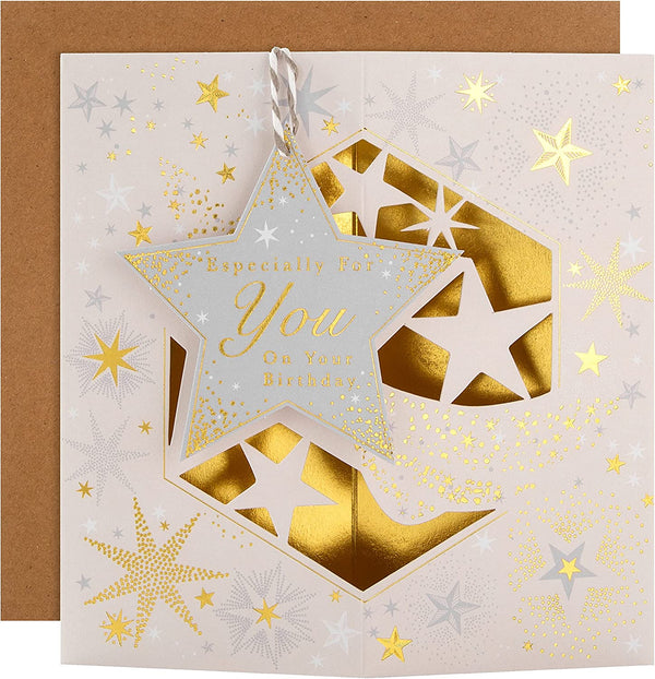 Hallmark 3D hanging star birthday greeting card with colorful star design and festive embellishments.