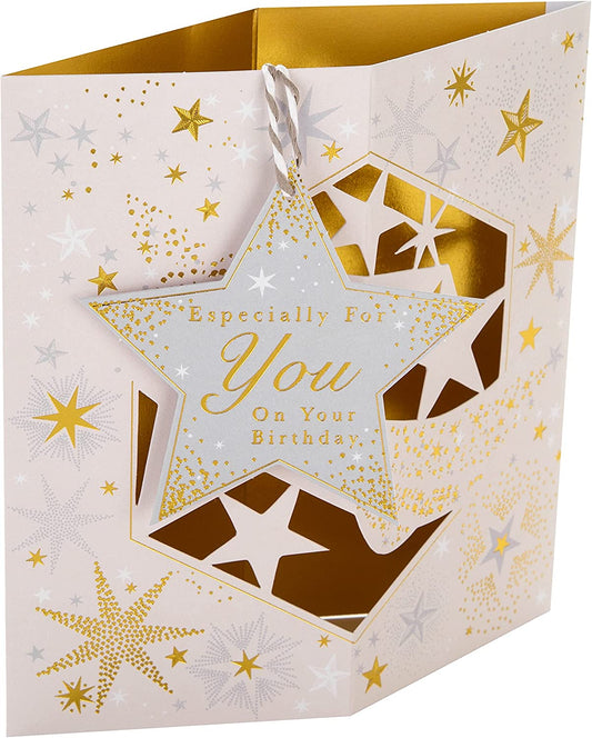 Hallmark 3D Hanging Star Birthday Card featuring a colorful star design and festive greeting, perfect for celebrating special occasions.