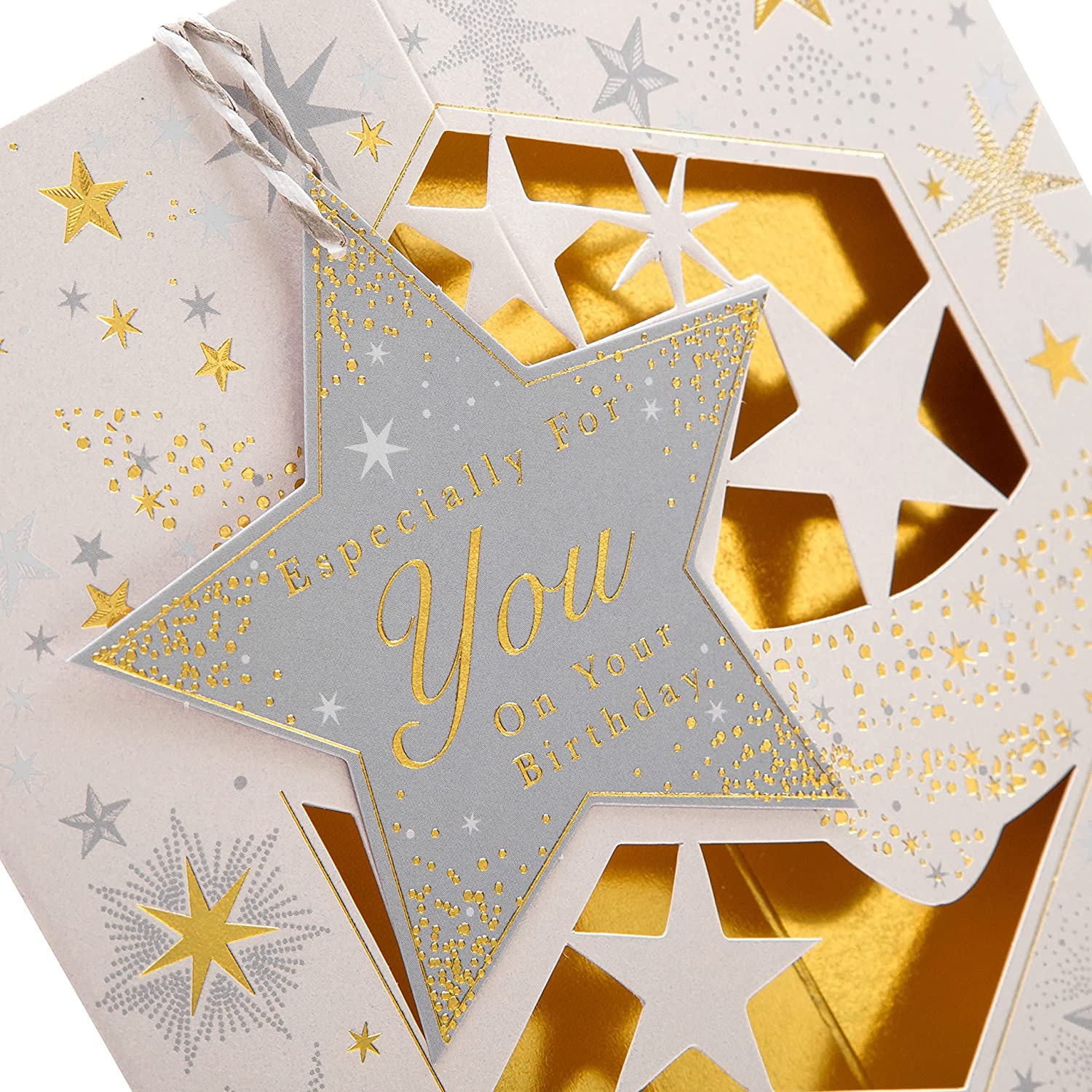 Hallmark 3D hanging star birthday greeting card with colorful design and festive star decoration inside.