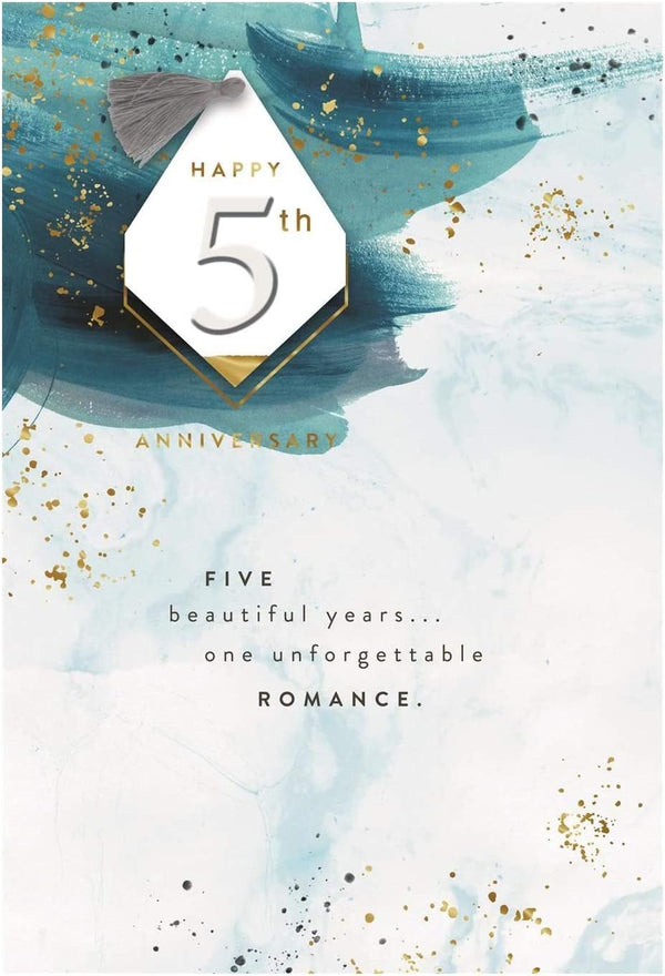 Hallmark 5th wedding anniversary greeting card with a 3D tag design, featuring elegant and festive details for celebrating love.