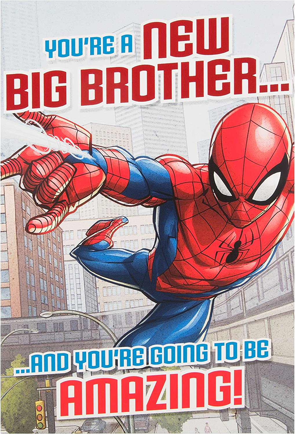 Hallmark Amazing Spider-Man baby brother greeting card with colorful Spider-Man design and cheerful message for new sibling celebration