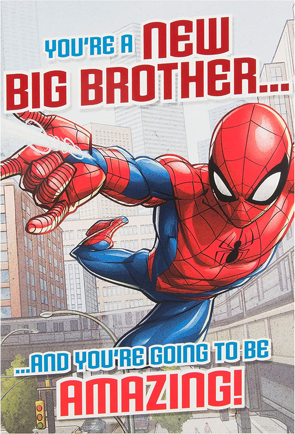 Hallmark Amazing Spider-Man baby brother greeting card with colorful Spider-Man design and cheerful message for new sibling celebration