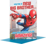 Hallmark Amazing Spider-Man baby brother greeting card featuring Spider-Man illustration and playful message for new brother.