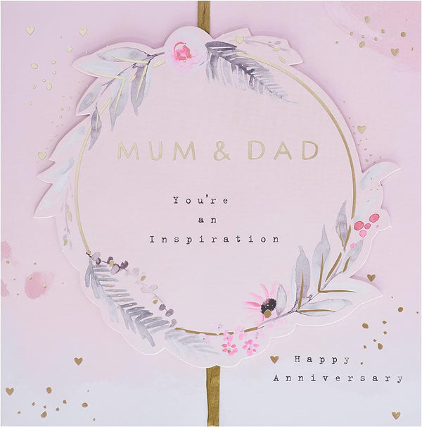 Contemporary floral design greeting card for mum and dad, Hallmark anniversary card with elegant text and floral accents.