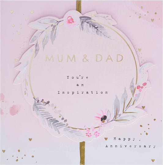 Contemporary floral design greeting card for mum and dad, Hallmark anniversary card with elegant text and floral accents.