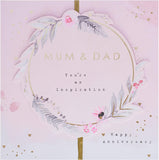 Contemporary floral design greeting card for mum and dad, Hallmark anniversary card with elegant text and floral accents.