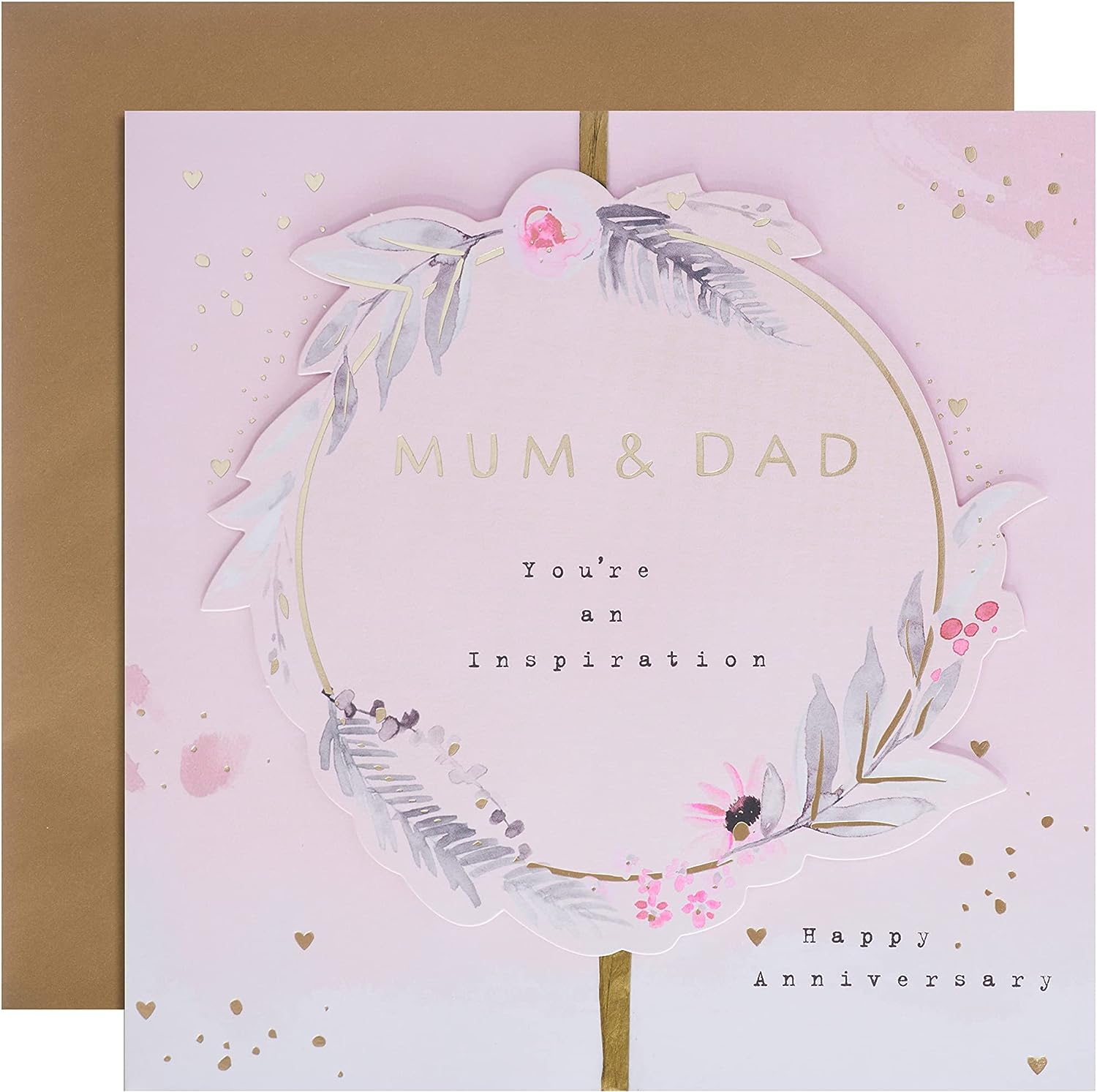 Hallmark anniversary greeting card for mum and dad with contemporary floral text design and colorful floral accents.