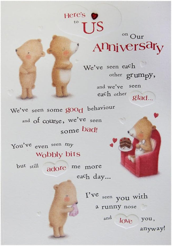 Embossed Hallmark anniversary greeting card with "Here's To Us" message, featuring elegant design and textured details.