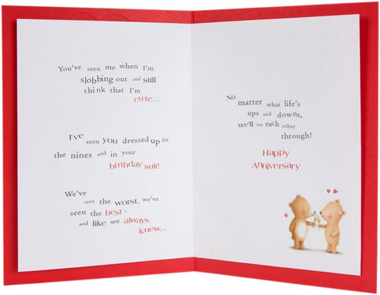 Embossed Hallmark anniversary greeting card titled "Here's To Us" with elegant design and heartfelt message.