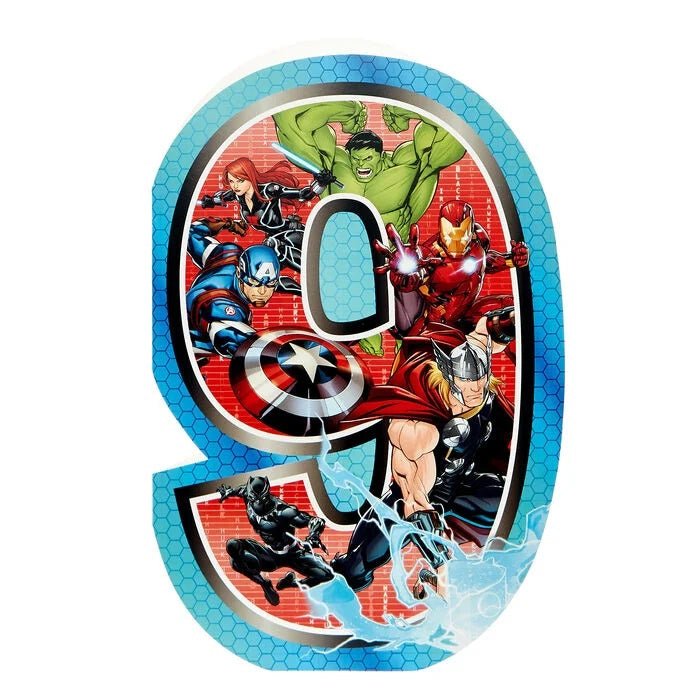 Hallmark Avengers 9 Years Birthday Card featuring Marvel superheroes with colorful comic-style design and celebratory message.