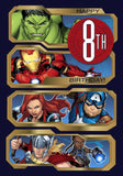 Hallmark Avengers Happy 8th Birthday banner greeting card with colorful superhero design for kids' birthday celebration