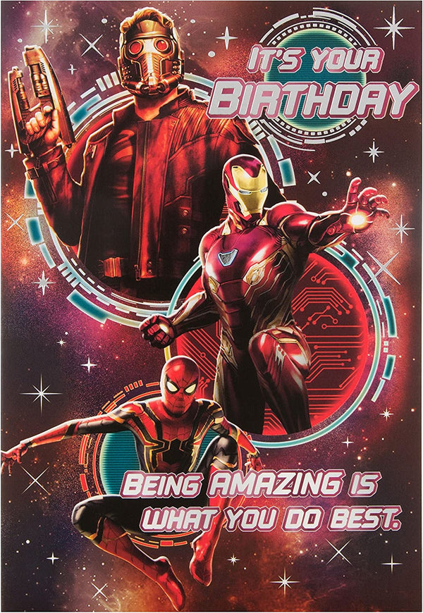 Hallmark Avengers Infinity War foil greeting birthday card featuring Marvel superheroes and vibrant foil detailing.