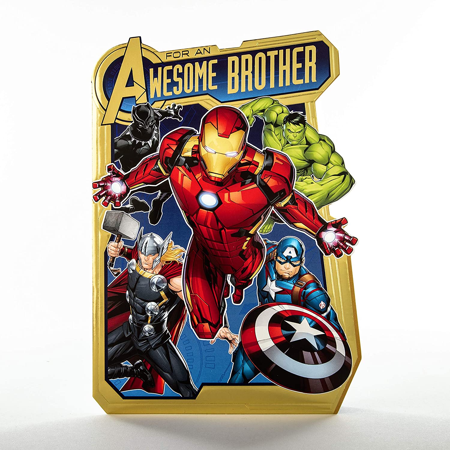 Hallmark Avengers Pop-Out Brother Birthday Card featuring Marvel characters with colorful, fun design and pop-out elements.