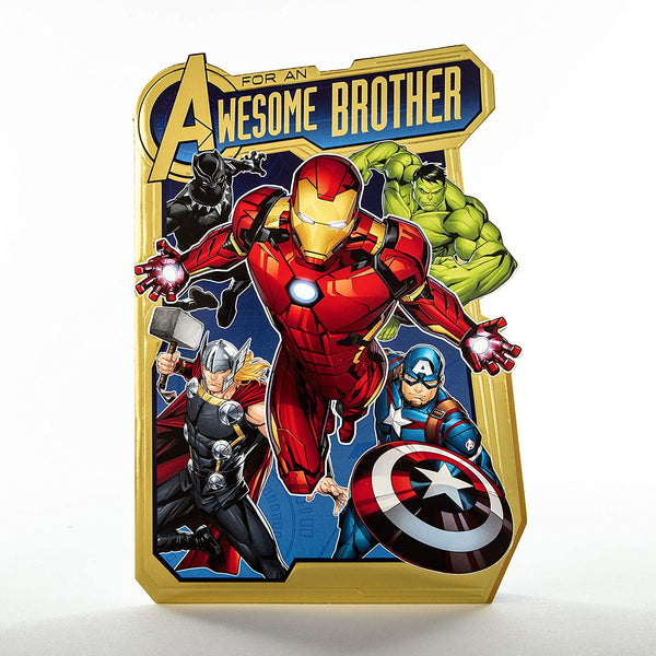 Hallmark Avengers Pop-Out Brother Birthday Card featuring Marvel characters with colorful, fun design and pop-out elements.