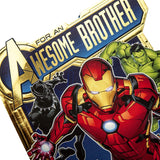 Hallmark Avengers Pop-Out Brother Birthday Card featuring superhero design and colorful artwork for celebrating a brother's birthday.