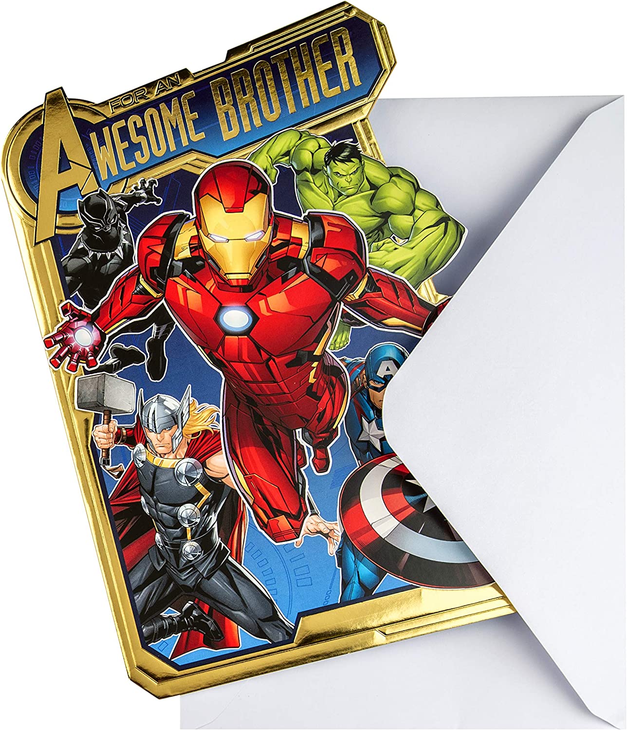 Hallmark Avengers Pop-Out Brother Birthday Card featuring Marvel characters and vibrant superhero design.