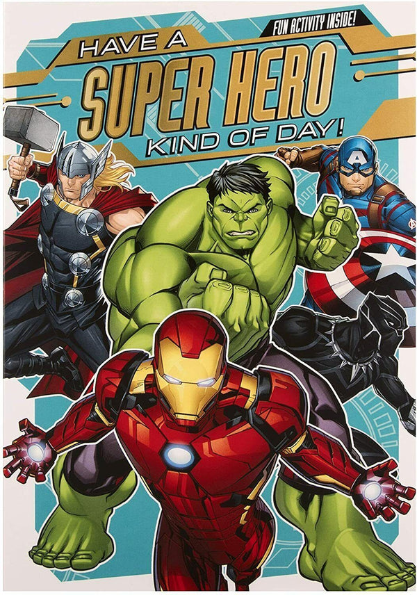 Avengers Super Hero Day Card by Hallmark featuring Marvel heroes and colorful comic-style design for greeting occasions.