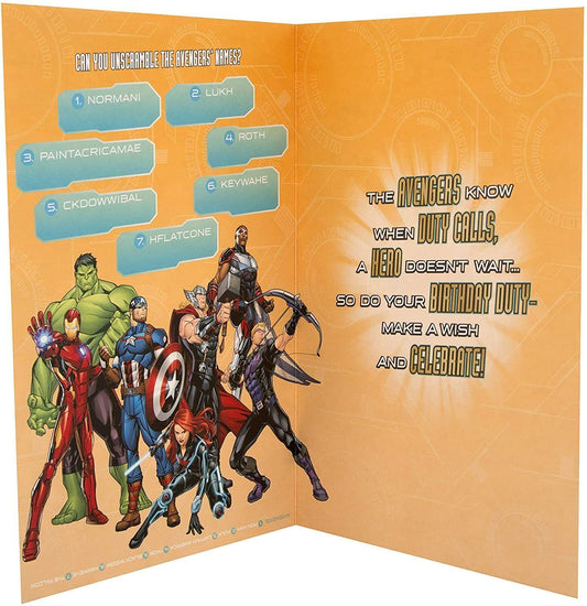 Avengers Super Hero Day Card by Hallmark featuring Marvel superheroes with colorful superhero illustrations on the front.