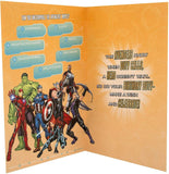 Avengers Super Hero Day Card by Hallmark featuring Marvel superheroes with colorful superhero illustrations on the front.
