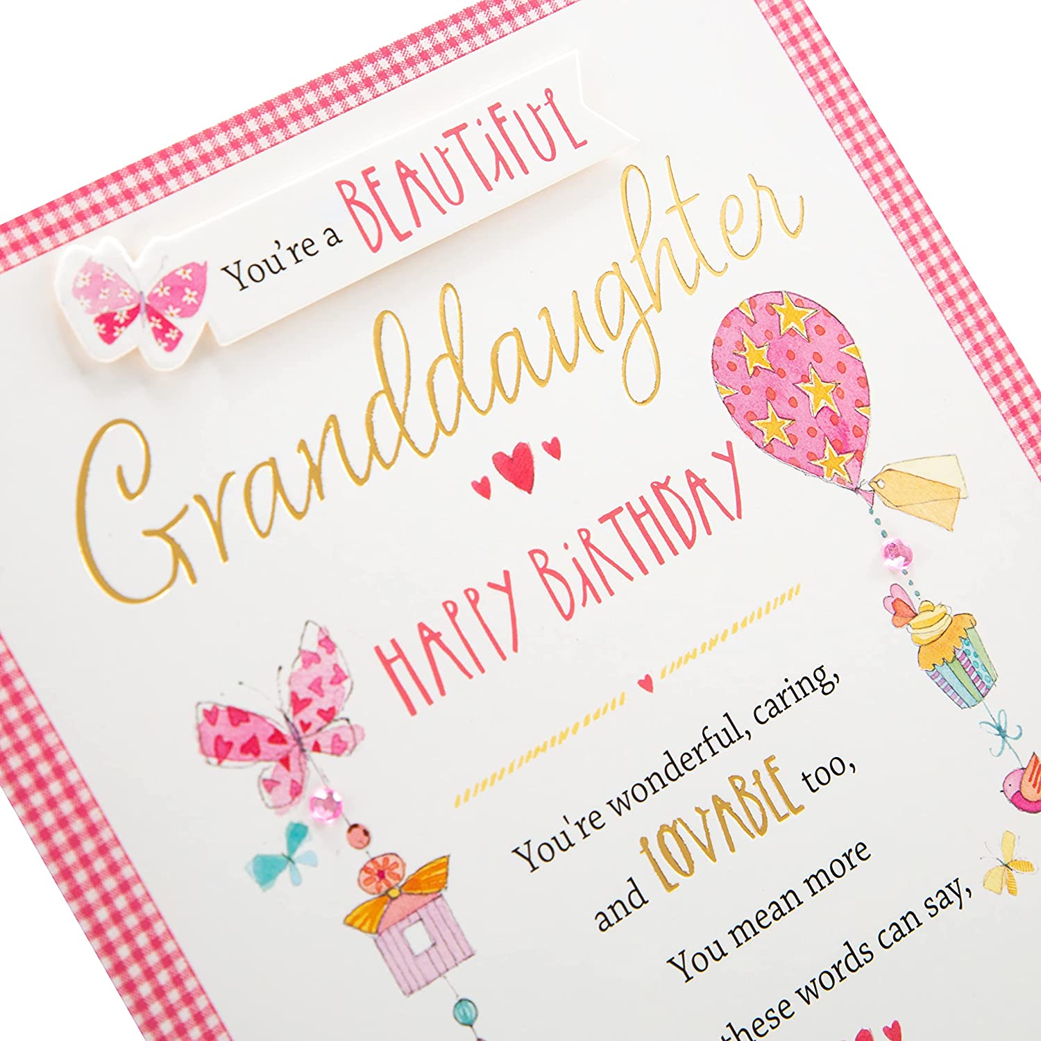 Hallmark greeting card featuring a heartfelt "Beautiful Granddaughter Birthday" message with colorful floral designs.