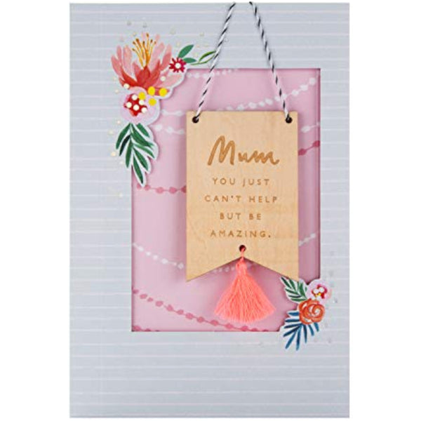 Hallmark birthday greeting card for mum with a wooden keepsake, featuring floral and heartfelt design on the front.