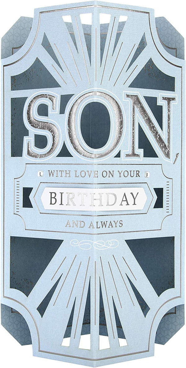Hallmark birthday greeting card for son with classic laser cut 3D design, featuring intricate patterns and heartfelt message inside.