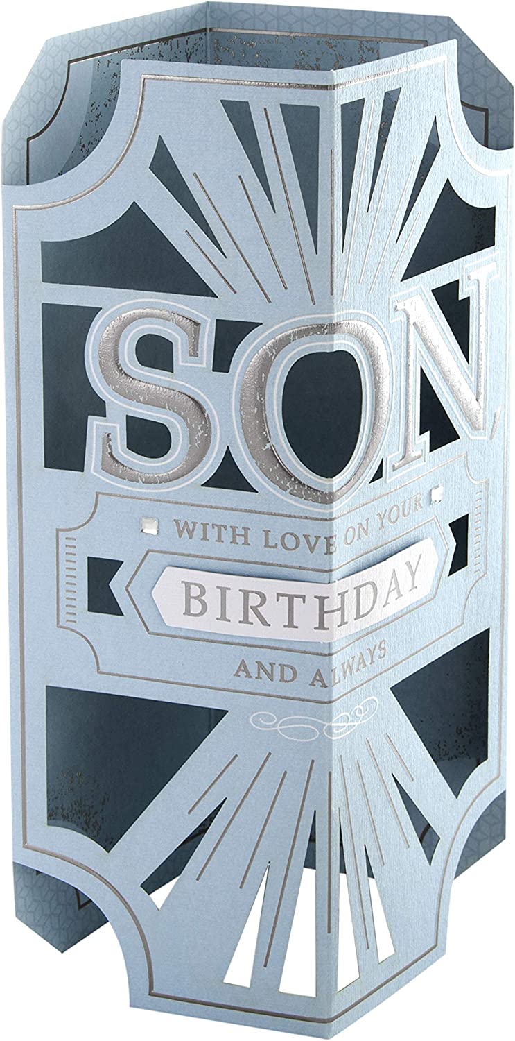 Hallmark birthday greeting card for son with classic laser cut 3D design, featuring intricate patterns and heartfelt message inside.