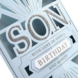 Hallmark birthday greeting card for son with a classic laser-cut 3D design, featuring intricate details and vibrant colors.