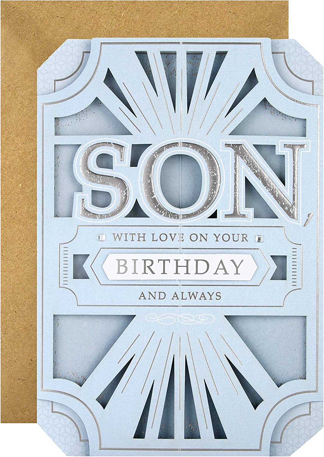 Hallmark birthday greeting card for son with classic laser-cut 3D design and heartfelt message, featuring intricate cutout details.