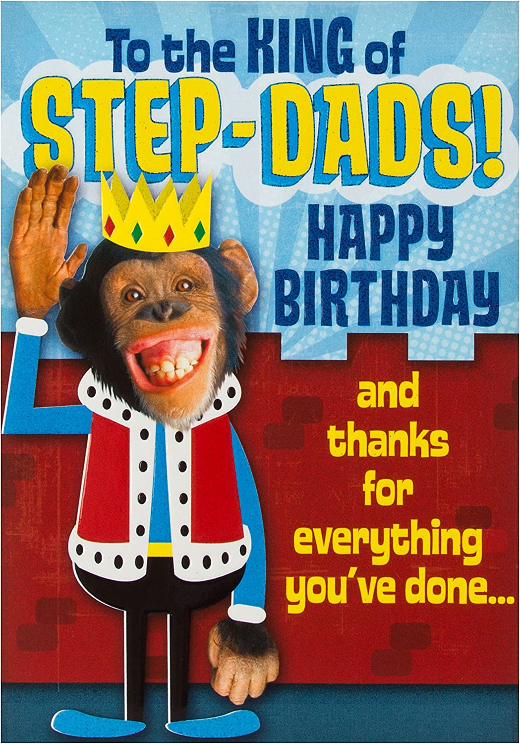 Hallmark birthday greeting card for stepdad with "King of Step-dads" message, featuring festive design and colorful illustrations.
