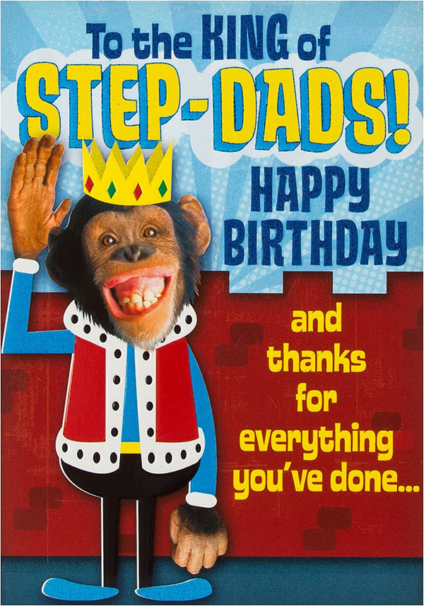 Hallmark birthday greeting card for stepdad with "King of Step-dads" message, featuring festive design and colorful illustrations.