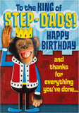 Hallmark birthday greeting card for stepdad with "King of Step-dads" message, featuring festive design and colorful illustrations.