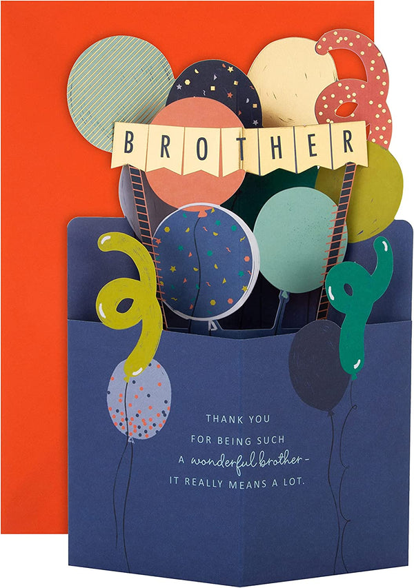 Brother 3D balloons birthday greeting card by Hallmark featuring colorful balloon illustrations and festive design.