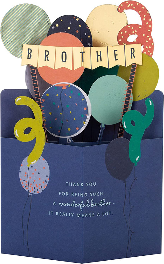 Hallmark Brother 3D balloons birthday greeting card with colorful balloon design and festive details.