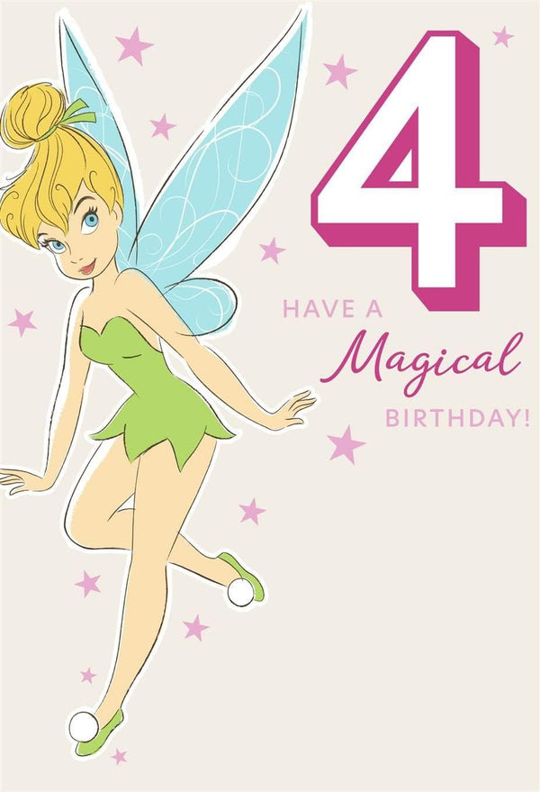 Hallmark Disney Tinkerbell 4th birthday greeting card with magical fairy design and "Have a Magical Birthday!" message.