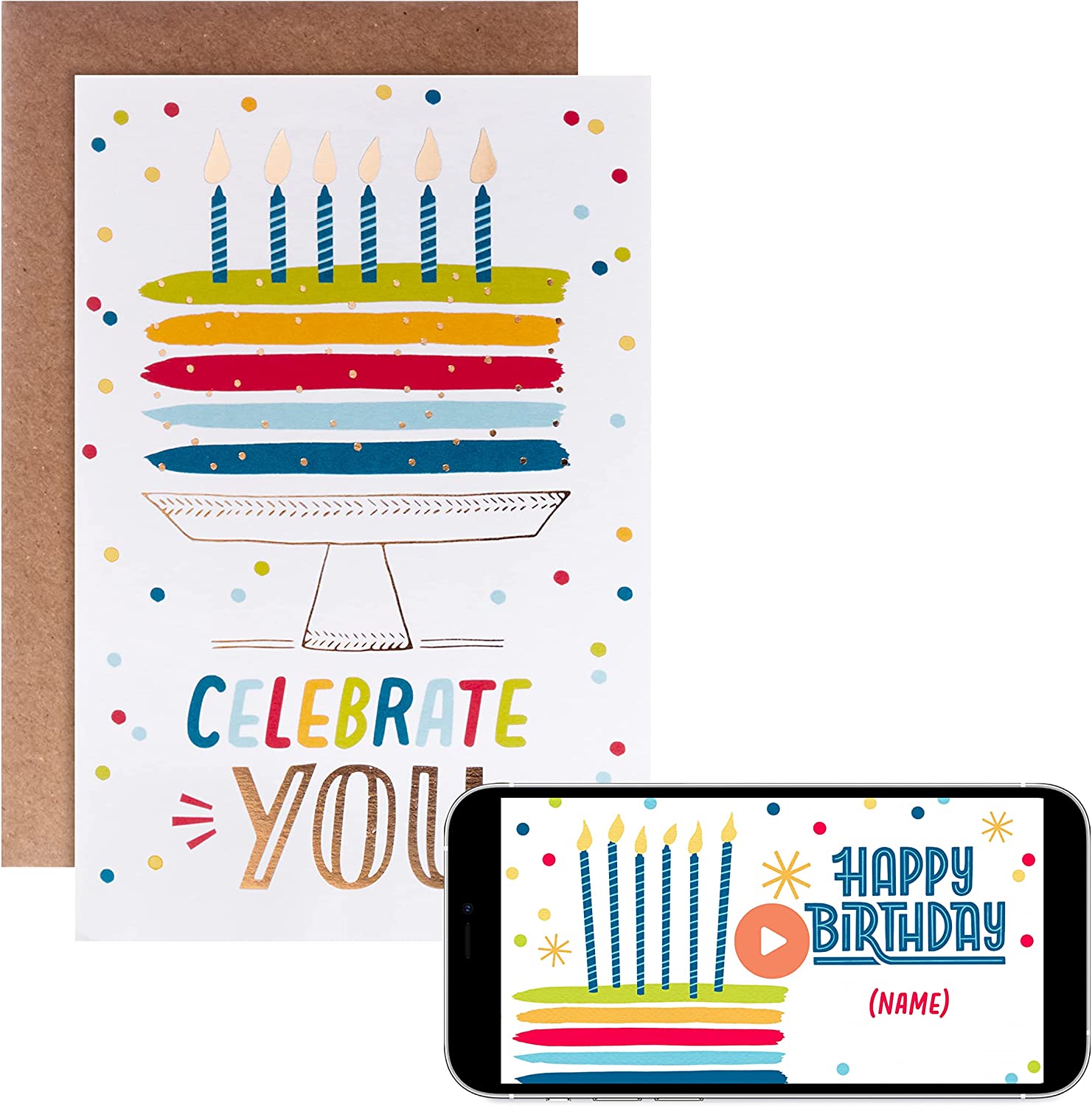 Hallmark Celebrate You birthday greeting card with colorful cake design and video message feature.