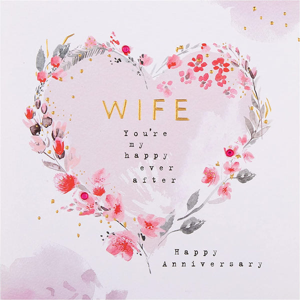Hallmark contemporary floral heart anniversary greeting card for wife with colorful flower design and romantic message.
