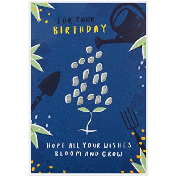Hallmark contemporary greeting card featuring garden design with seeded paper insert for birthdays, showcasing floral artwork and textured paper.