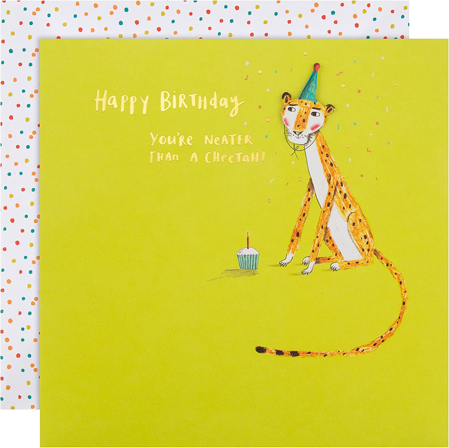 Contemporary illustrated cheetah design birthday greeting card by Hallmark featuring colorful, modern artwork.