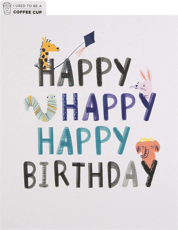 Cute animal illustration greeting card with birthday message, designed by Hallmark, featuring colorful animal artwork.