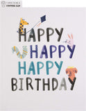 Cute animal illustration greeting card with birthday message, designed by Hallmark, featuring colorful animal artwork.