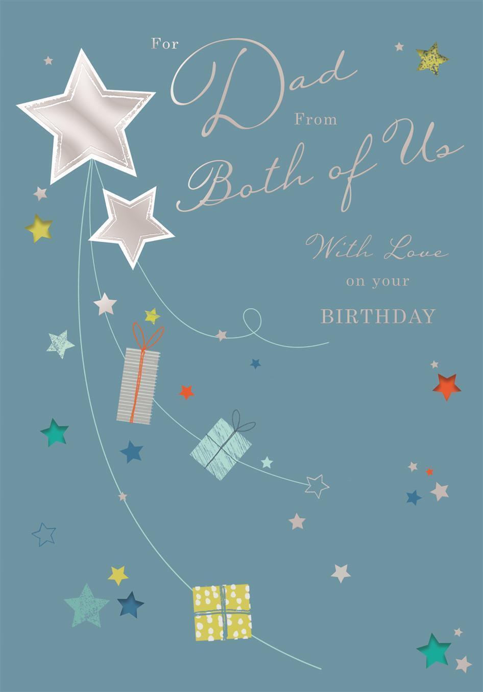 Hallmark Dad birthday greeting card from both with loving foil design, featuring festive graphics and heartfelt message inside.