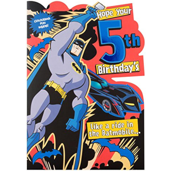 Hallmark DC Comics Batmobile 5th birthday greeting card with colorful Batmobile illustration for kids' birthday celebration.